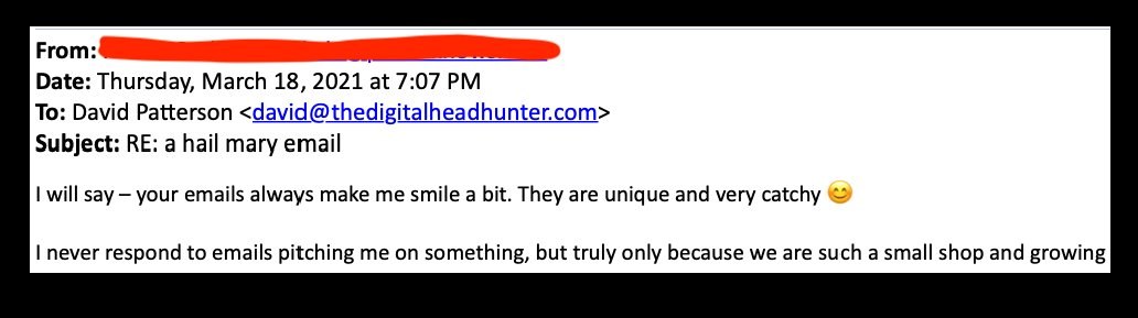 Positive email reply from a prospect saying the emails are unique and catchy