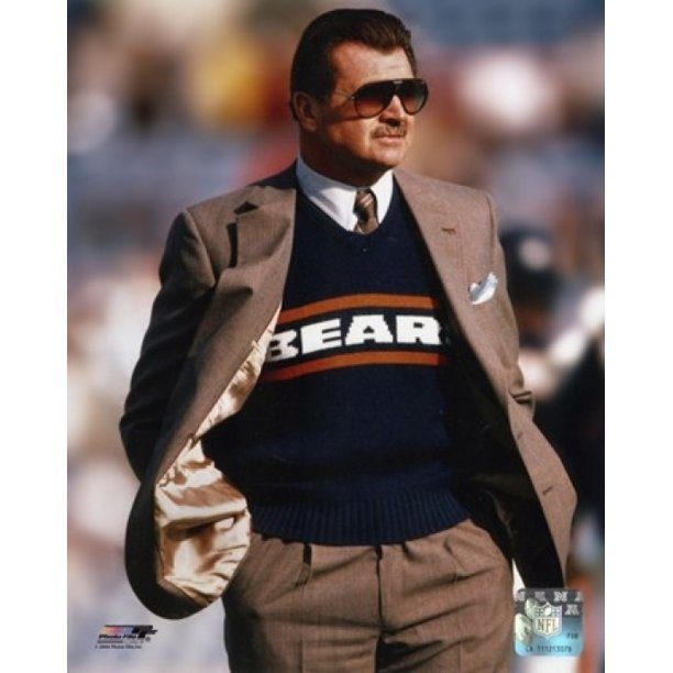 Mike Ditka on the sideline in a Chicago Bears sweater and sunglasses