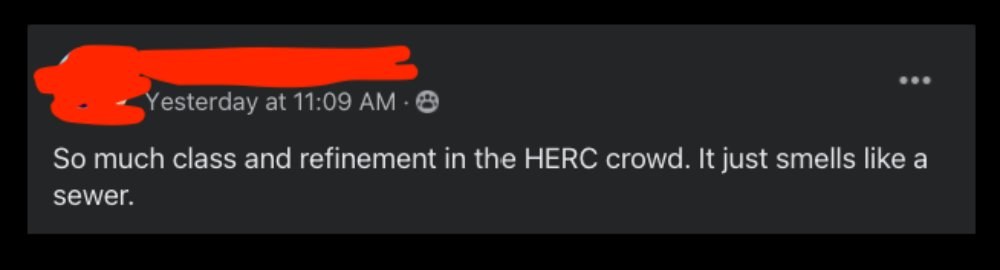 Screenshot of troll Facebook comment about the HERC