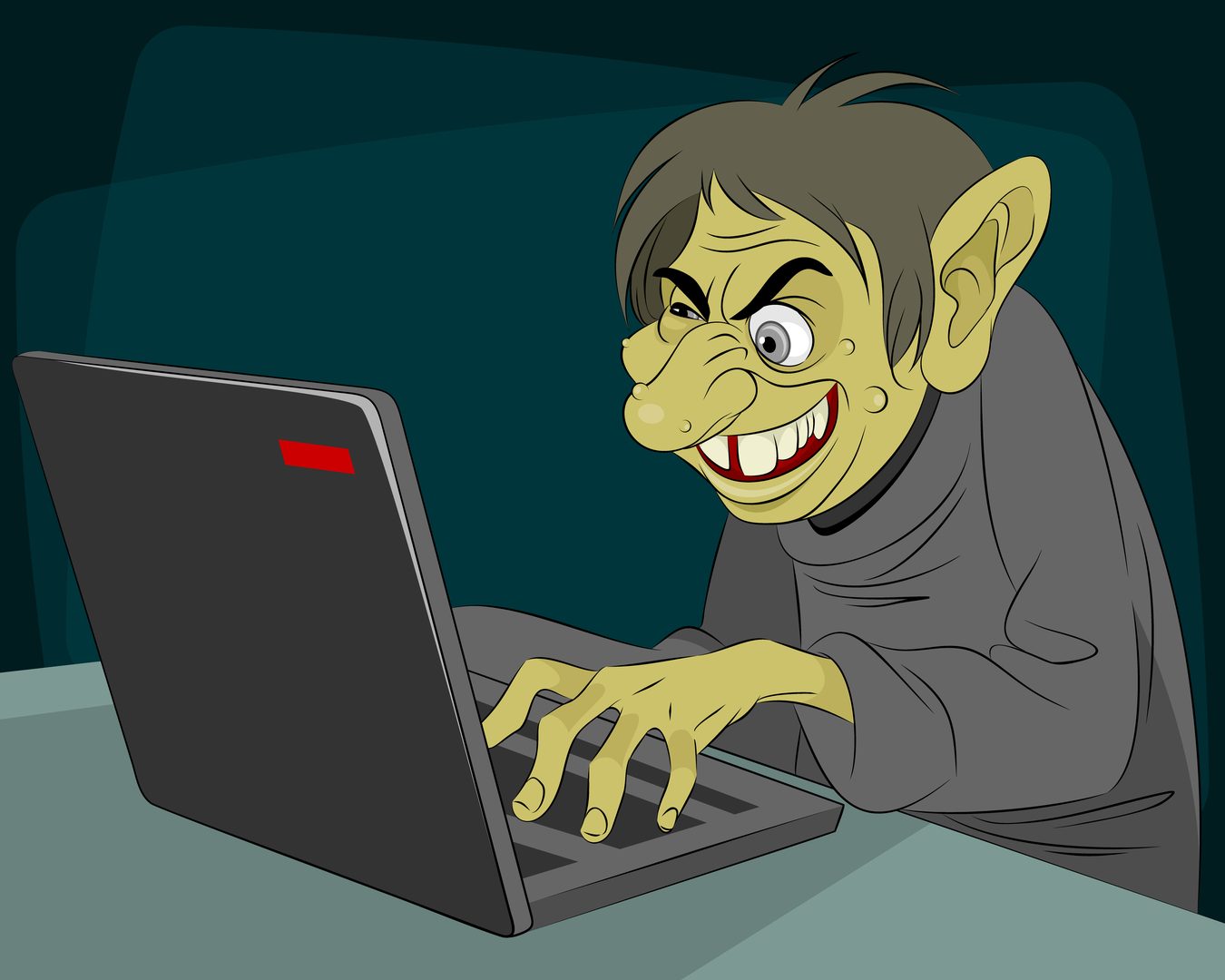 A cartoon troll hunched at a laptop, grinning menacingly